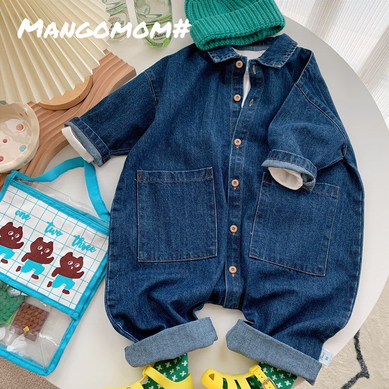宝宝牛仔连体衣2024春秋新款韩版童装男女童百搭连衣裤洋气长裤子