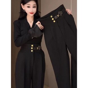 黑色西装裤子女秋冬款高腰遮肚显B瘦休闲萝卜裤哈伦裤萝卜裤小脚