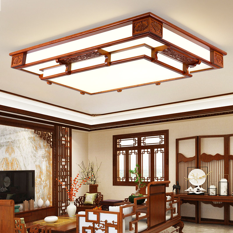 实木中式客厅灯led吸顶灯长方形大厅灯海棠木橡木灯具现代灯饰