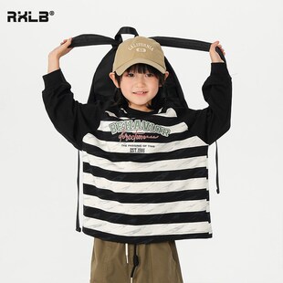 条纹扎染儿童潮酷插肩袖长袖Tz恤春夏款男童纯棉上衣小男生打底衫