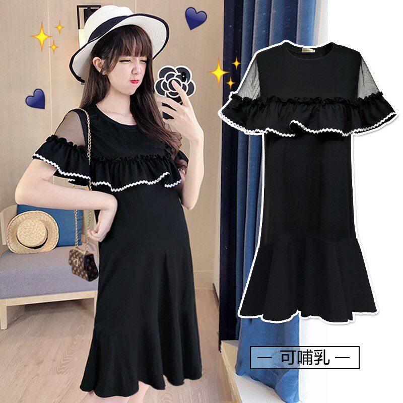 孕妇装夏款2024新款短袖上衣洋气裙G子夏装套装露肩哺乳连衣裙夏