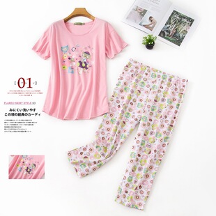 春夏装新款加肥加大码睡衣印花z短袖七分裤女士针织纯棉家居服套