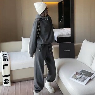 欧货网红时尚运动套装女秋冬洋气减龄连帽加绒P卫衣束脚裤两件套