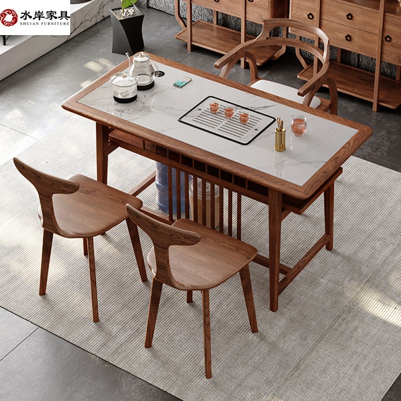 茶台实木茶桌简约现代岩板v方形家用办公功夫泡茶桌阳台茶桌椅组