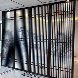 新中式实木屏风隔断家居玄关木栅格背景工装N酒店火锅店木制品装