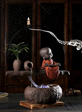 陶瓷流水器中式禅意小和尚软装饰开业招财礼品居家店铺风水摆件