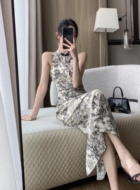 复古国风水墨画新中式旗袍连衣裙B女夏季收腰显瘦气质高级感开叉