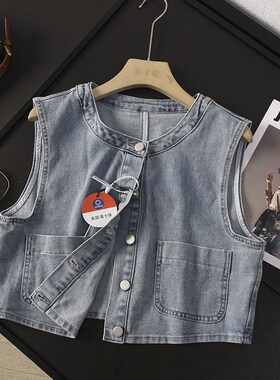 华子家 软牛仔马甲背心女2025春季新款圆领宽松无袖坎肩外套42378