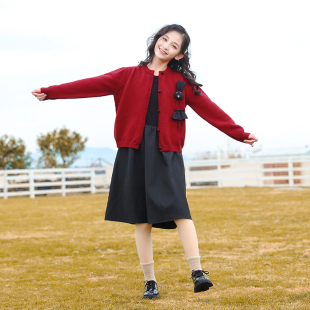 女童加绒连c衣裙秋冬款2023新款洋气儿童拜年服女大童红色裙子冬