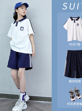 女童运动套装夏季2022新款大童网红夏装短裤学院风班服初中生校服