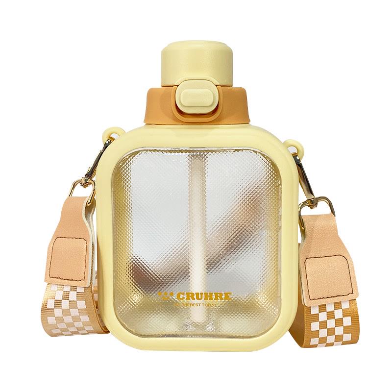 方形水杯高颜值女生夏季可爱吸管杯简约斜挎学生少女大人便携杯子