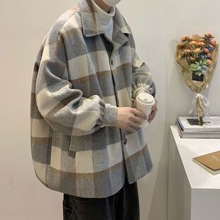2024年新毛呢大衣男冬季加厚格子外套设计感高级韩系冬装妮子风衣