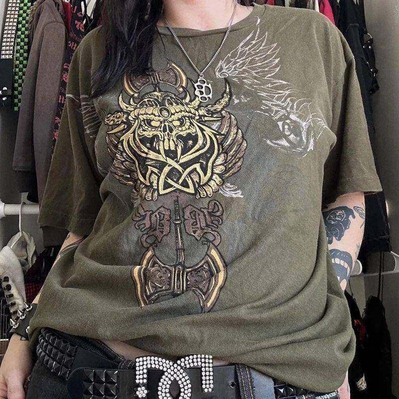 Gaono Women Oversized Gothic T Shirt Vintage Skull Print Sho