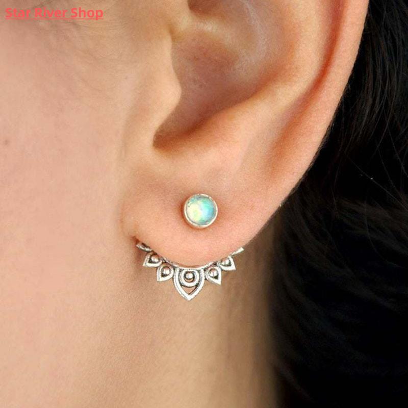Bohemian Openwork Metal Lotus Opal Stud Earrings Vintage Jew