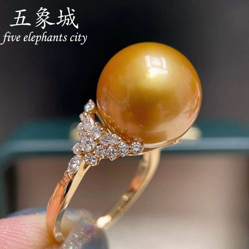 南洋金珠珍珠戒指正圆无瑕极强光18K金钻石海水珍珠戒指冰雪女王