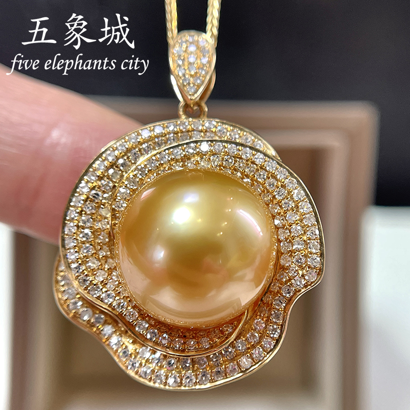 南洋金珠吊坠海水珍珠项链18K金钻石15-16mm正圆强光无瑕豪华