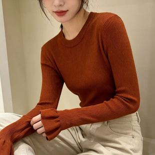 焦糖色圆领时尚针织衫女秋冬毛衣修身软糯打底长袖气质红咖色上衣