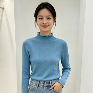 牛仔蓝薄款打底衫女内搭薄款秋冬毛衣半高领针织雾霾蓝色百搭上衣
