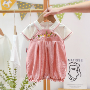 婴儿短袖连体衣服夏季宝宝中国风薄款哈衣3月汉服新生儿半袖爬服6