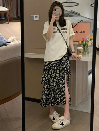 日本代购SLY 黑色碎花半身裙女夏季2024新款小个子白色开叉蛋糕裙