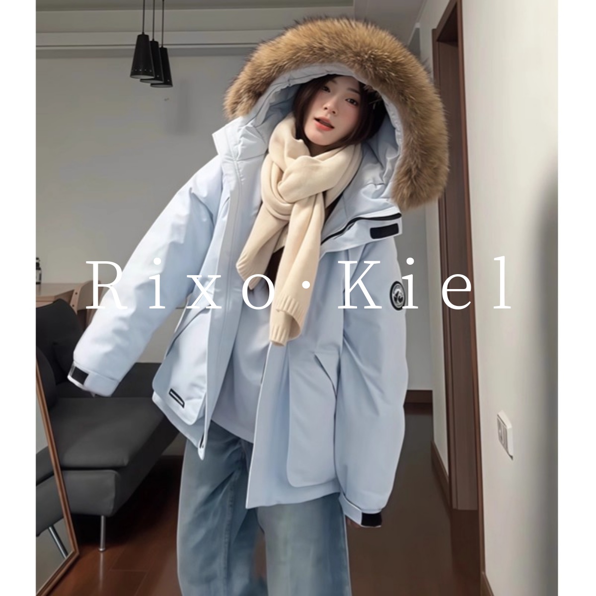 法国Rixo kiel蓝色大毛领羽绒服女冬季小个子加厚白鸭绒派克服