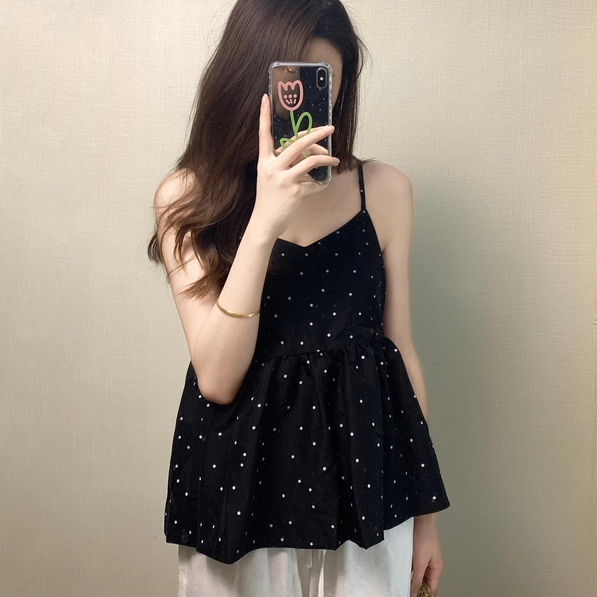 黑色波点吊带背心女夏季新款