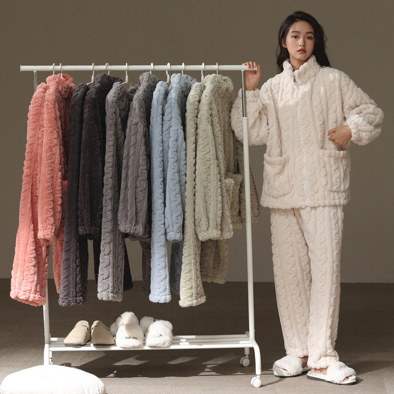 【加厚加绒】珊瑚绒睡衣女秋冬季保暖长毛绒拉链高领套装家居服