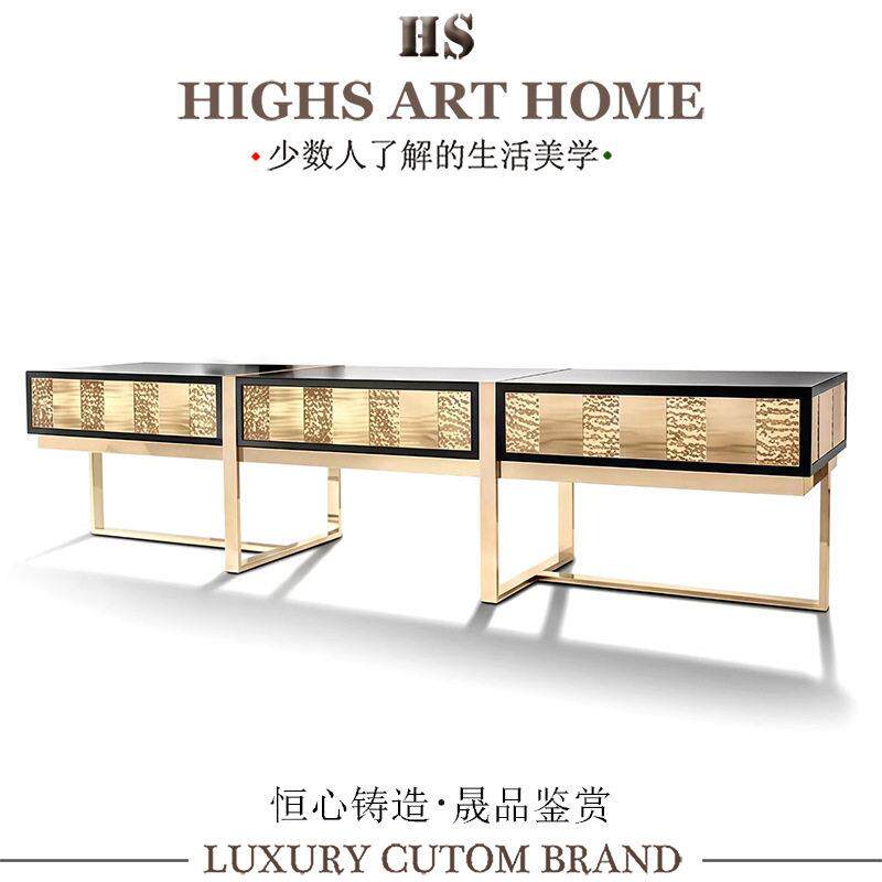 轻奢艺术感不锈钢新款电视柜别墅客厅家用现级实木落地储物柜