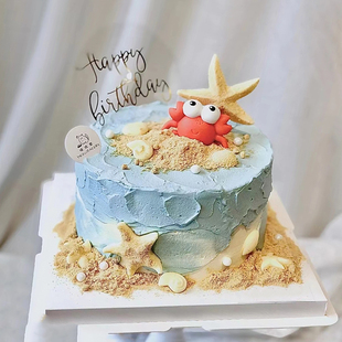 网红巨蟹座蛋糕装饰小螃蟹大闸蟹宝宝生日摆件男女孩贝壳海星插件