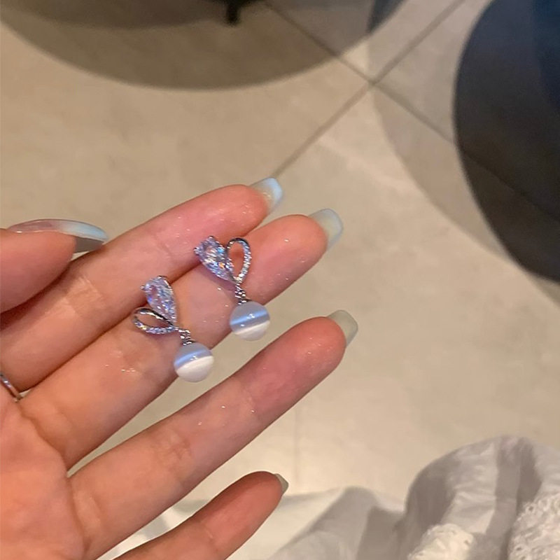 猫眼石爱心耳环女S925轻奢小众高级设计感锆石耳钉百搭气质耳饰品