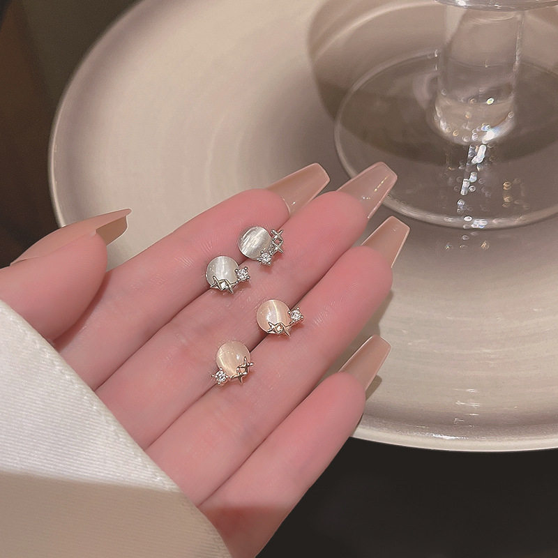S925银针简约迷你小巧猫眼石小星星耳钉轻奢小众网红同款耳环耳饰