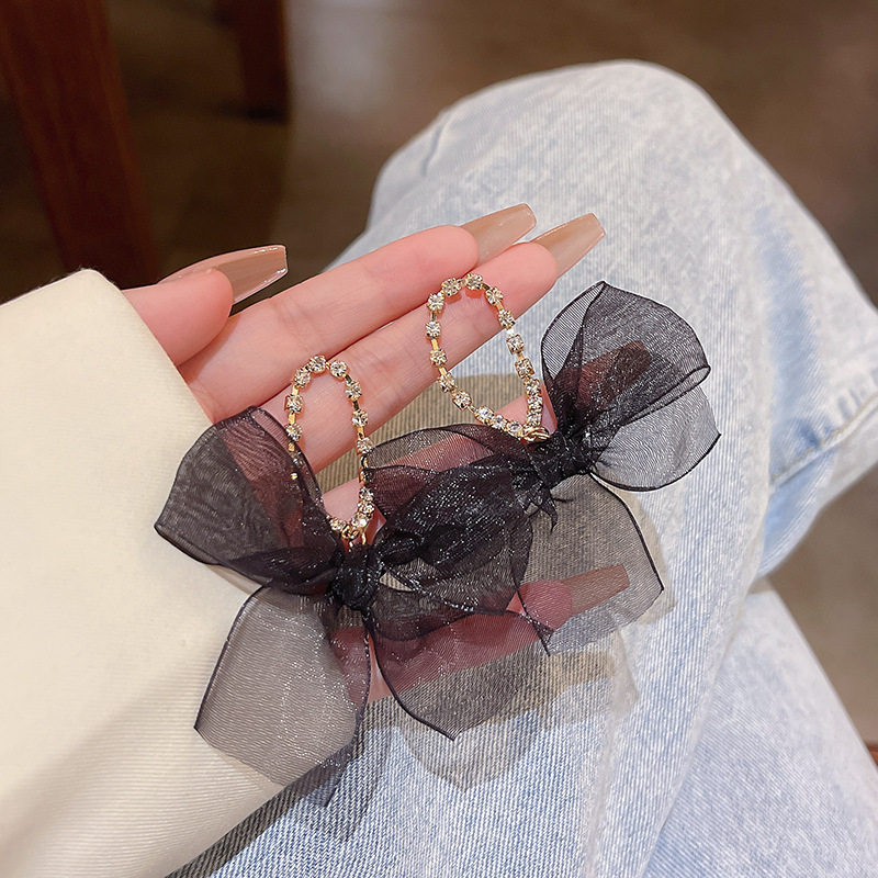 S925银针秋冬蕾丝蝴蝶结耳环女ins潮高级设计感网红同款耳钉耳饰