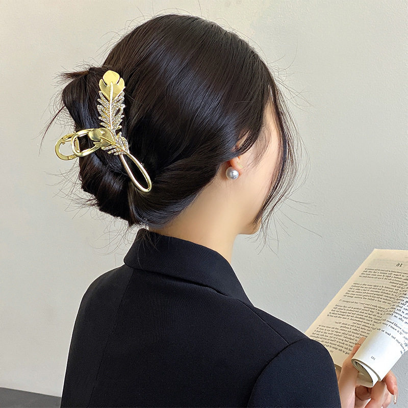 高级感金色羽毛精致抓夹女一字夹后脑勺气质盘发夹子头饰发夹