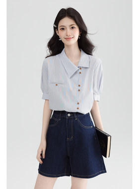 么宁韩系设计感通勤蓝色条纹衬衫女夏季新款气质职场休闲衬衣上衣