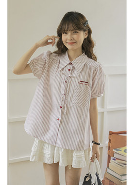 GRASS SPACE 原野空间 2025夏季新品 粉色条纹短袖衬衣 女装POLO