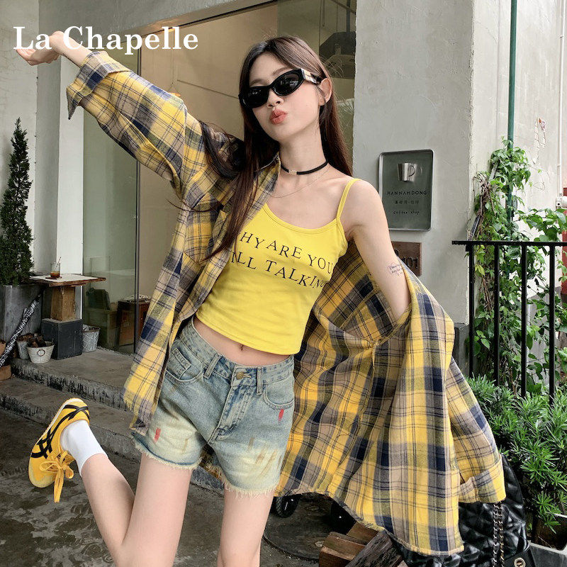 拉夏贝尔格子防晒衬衫女黄色2026新款夏季小个子长袖外套开衫衬衫