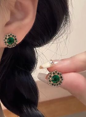 满18包邮欧美轻奢精致绿色耳环小众满钻镶嵌耳钉气质独特耳饰