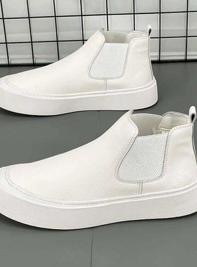 白色高帮鞋男四季套脚皮鞋真皮马丁靴一脚蹬懒人真皮小白鞋男增高