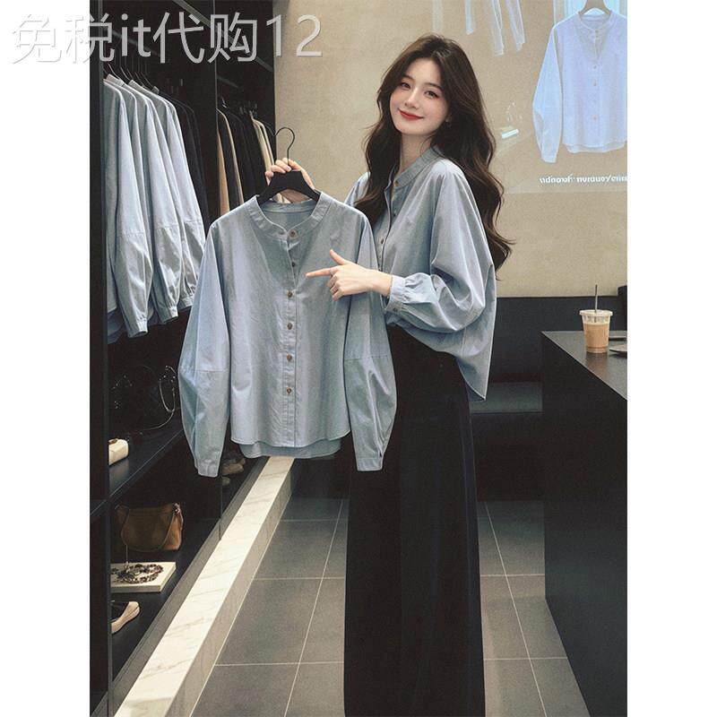灰蓝色阔版长袖衬衫女早秋今年流行新款宽松显瘦圆领衬衣法式上衣