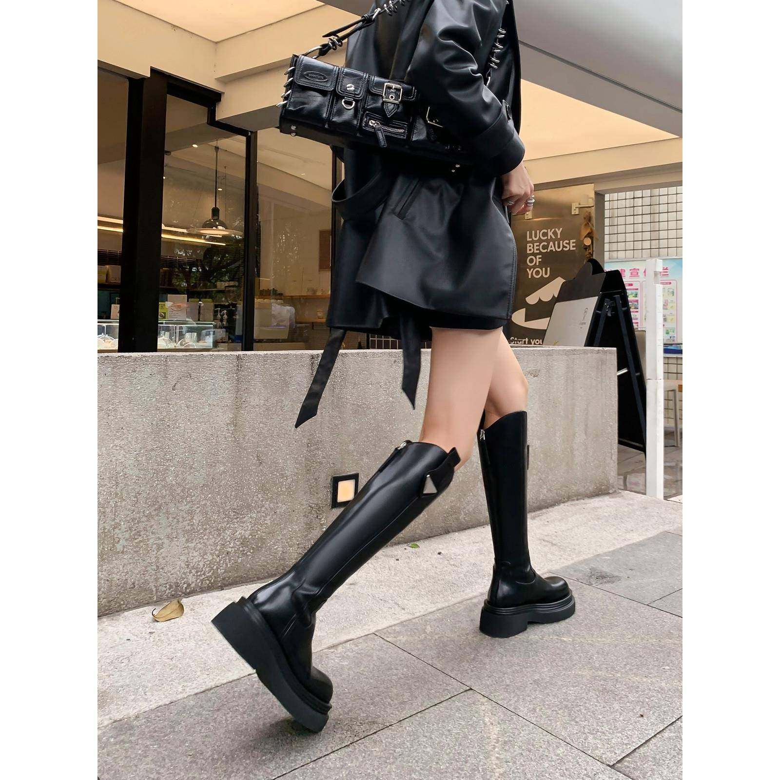 摩登时代 ！小个子帅气炸街金属V口高筒骑士靴圆头厚底增高长靴女,女鞋,骑士靴,淘宝优惠券,粉丝福利购,淘宝优惠卷