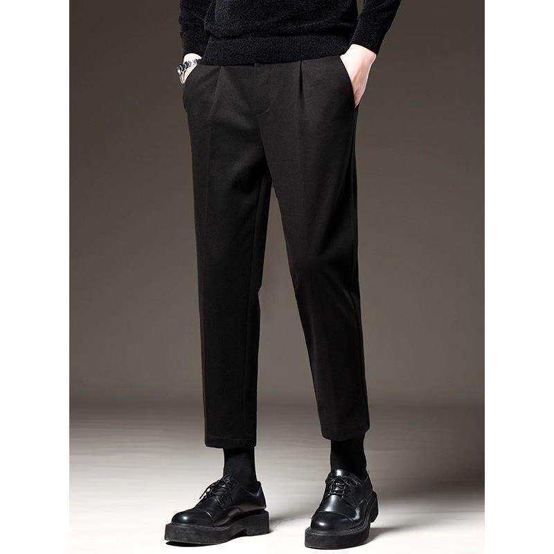 潮牌秋冬加厚保暖毛呢裤子男款直筒修身小脚休闲裤大码男款西裤子