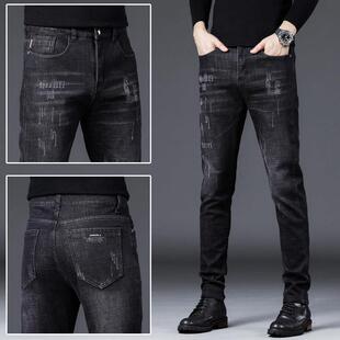 香港2025秋季黑色牛仔裤男修身小脚弹力猫须刮痕休闲韩版长裤春秋
