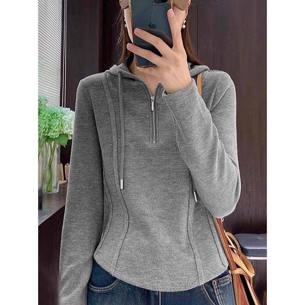 潮牌拉炼连帽正肩卫衣女2025春秋新款小个子修身短款显瘦上衣外套