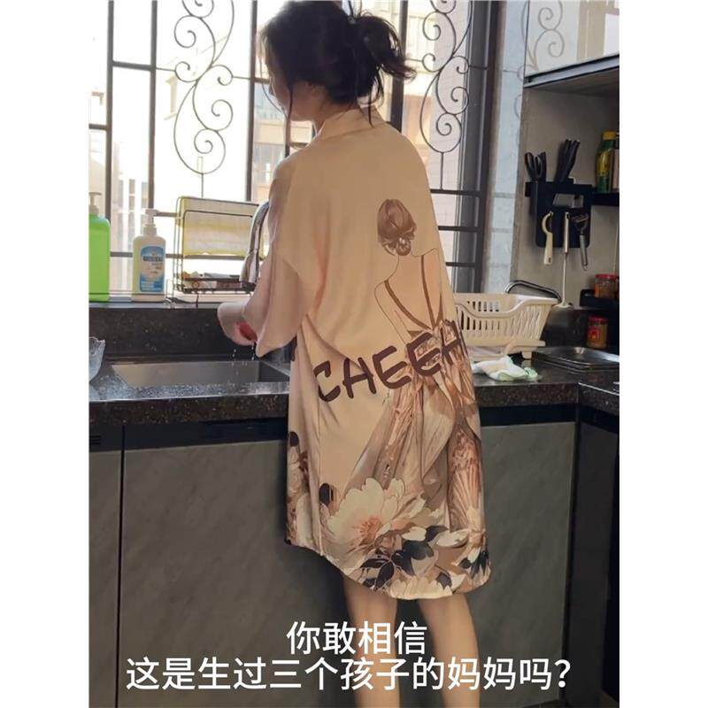 印花冰丝绸衬衫睡裙女士夏季欧货网红性感睡衣宽松轻薄款透气睡裙