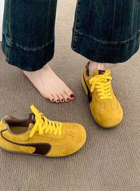 香港真皮黄色德训鞋女秋季2025新款爆款平底系带休闲运动阿甘板鞋