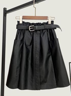 高档轻奢系带高腰真皮皮裙女士秋冬新款百搭时尚头层牛皮半身短裙