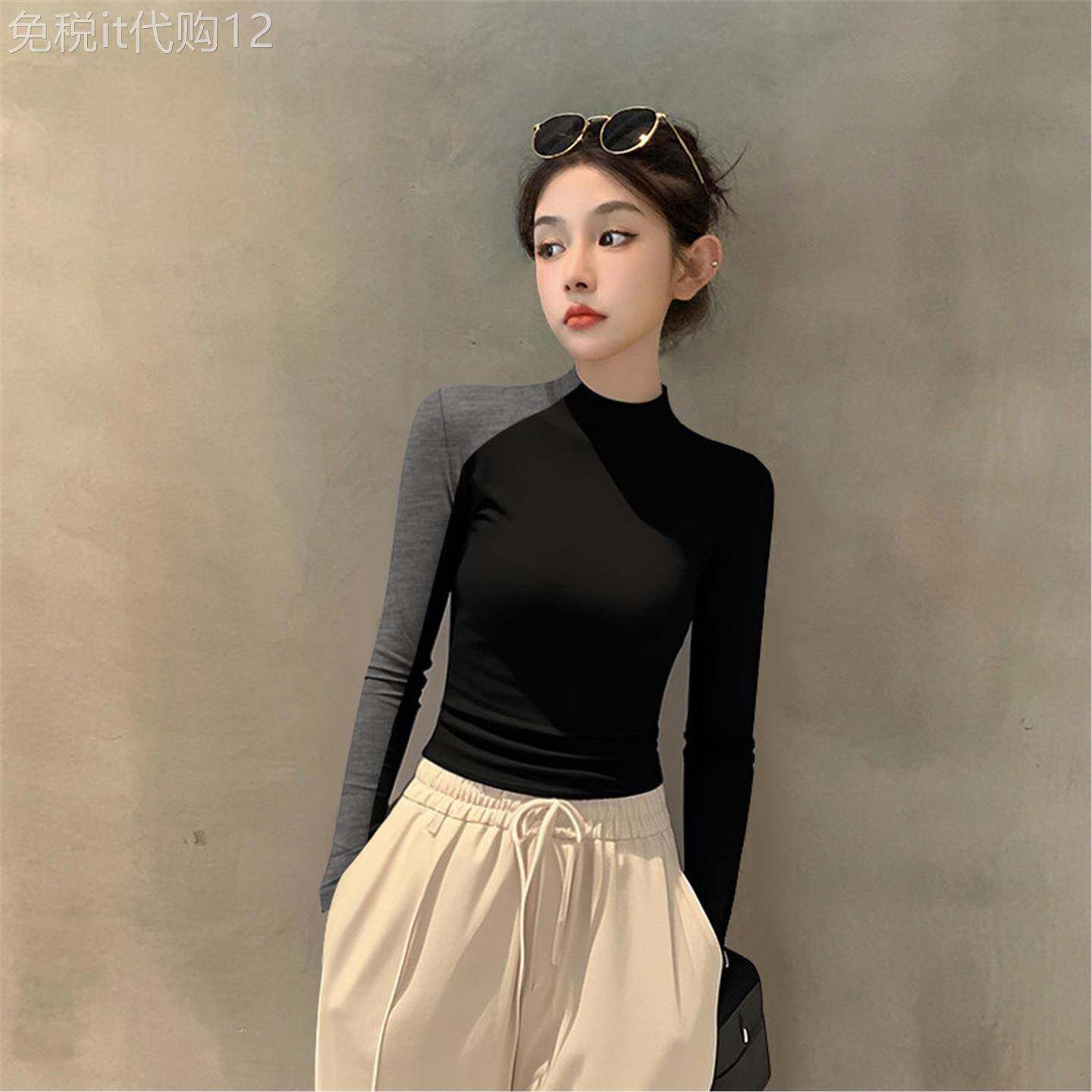 简珀新款早秋黑色半高领长袖打底衫女拼接暗灰色针织内搭紧身上衣