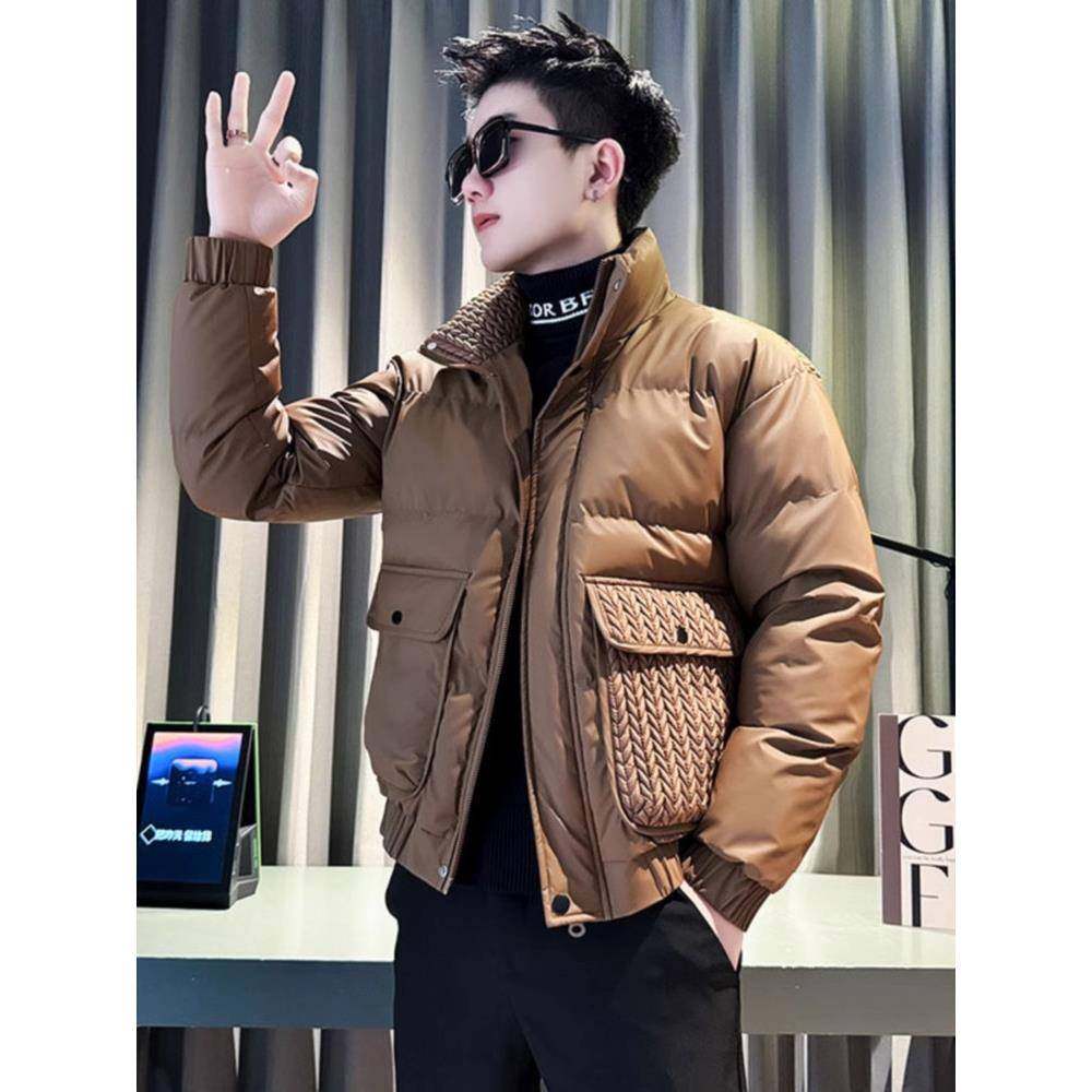 潮牌棉服男款高级感编织纹羽绒棉衣外套加绒加厚冬季男装2025新款