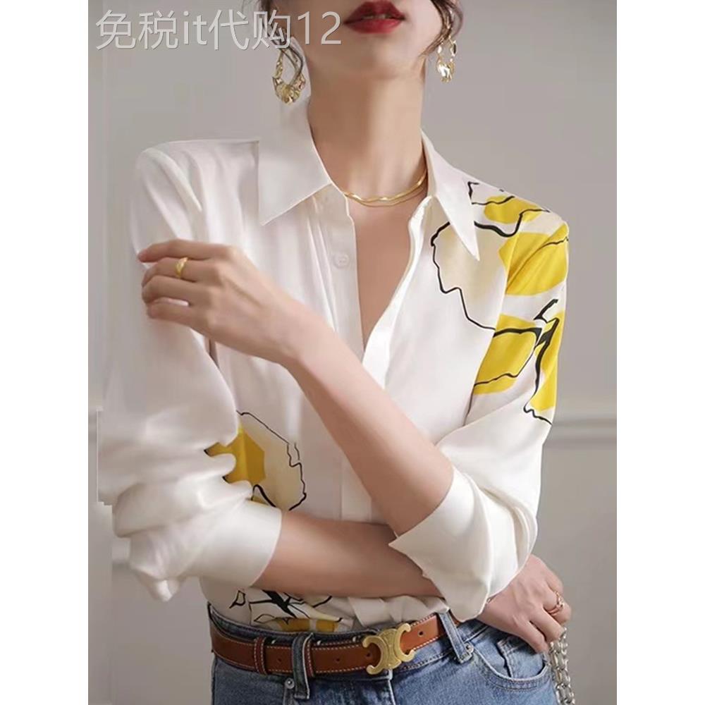 港风真丝印花短袖衬衫夏季新款衬衣女装气质桑蚕丝长袖上衣春秋潮