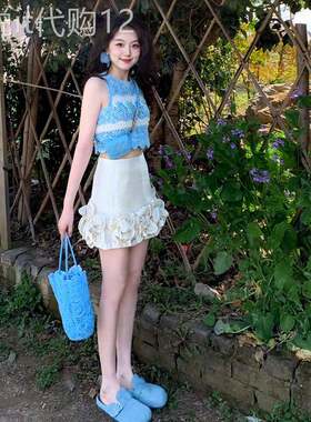 法式学院风蓝色背心连衣裙子女2025新款小个子穿搭一整套两件套装